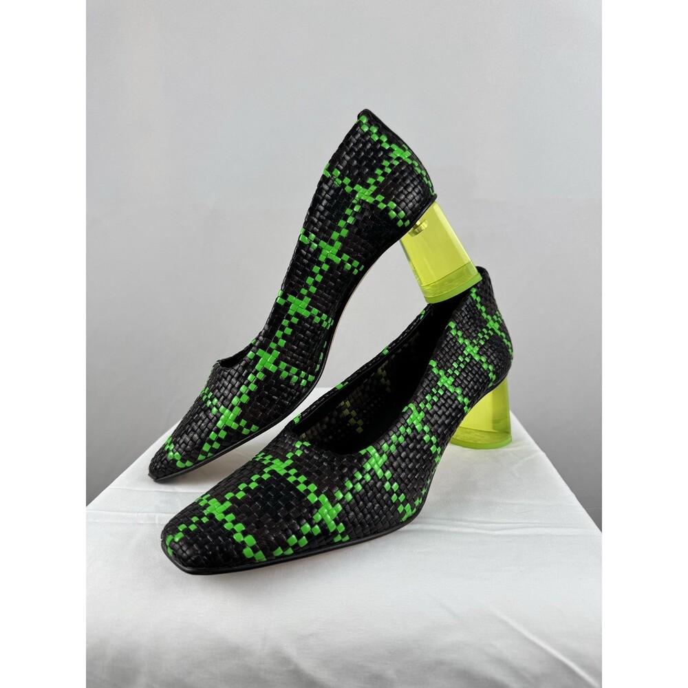 Miista London Woven Leather Pumps Black Neon Green Lucite Block Heel Spain 41